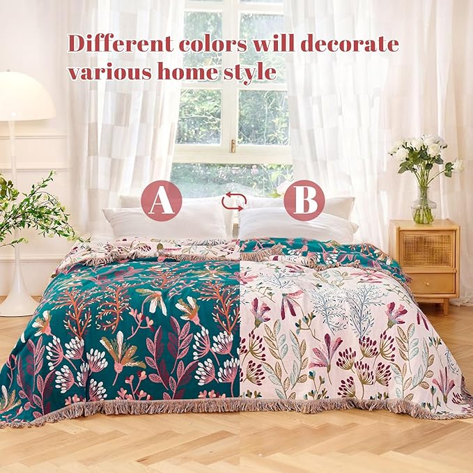 MSGKV Boho Throw Blanket for Bed 60"x80" Floral 100% Cotton Couch B...