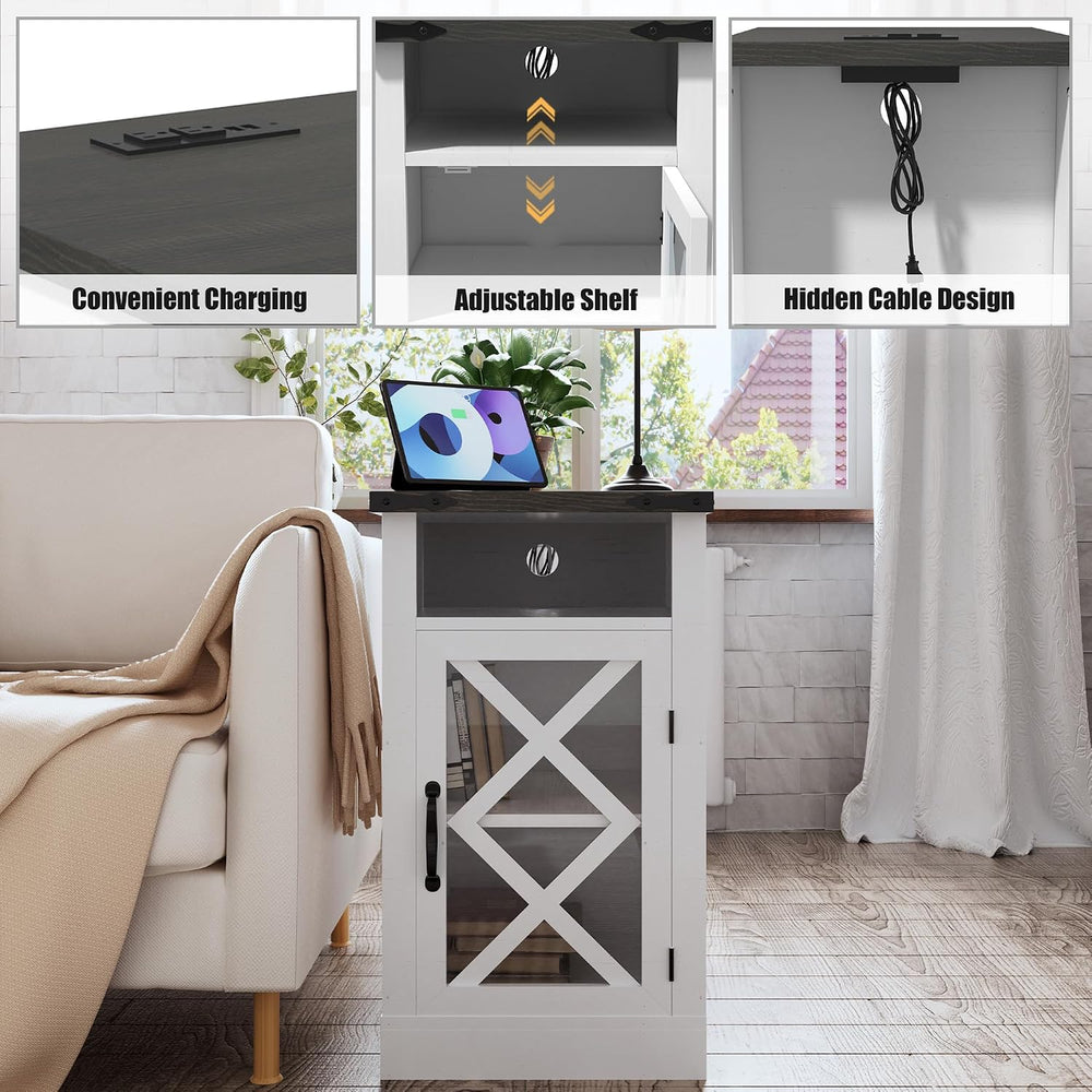 Clihome End Table with Charging Station, 15.4'' Rustic Nightstand wit...