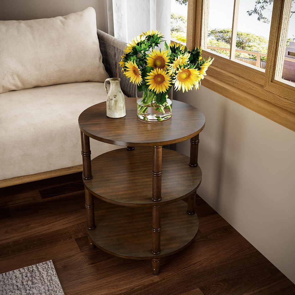 PADMA HOUSE Round Wood Small End Table with 3 Shelves, Wood Sofa Side Table w...