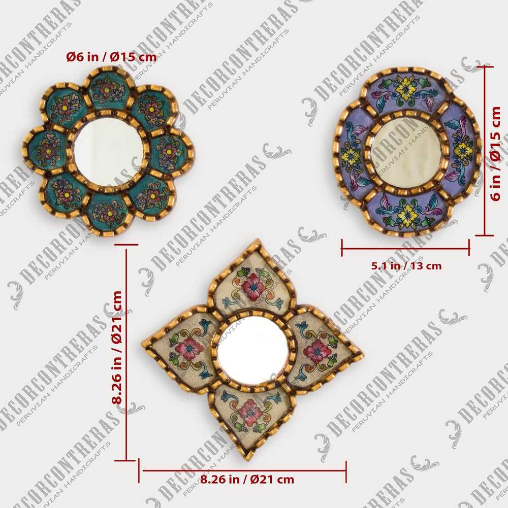 Peruvian Mirror Set 3, Floral Shapes, Turquoise Purple Beige