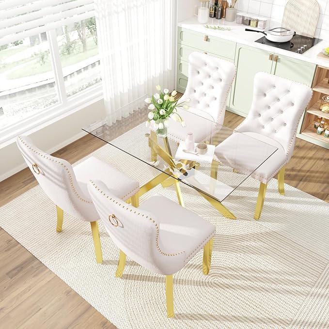 51 Inch Glass Dining Table Set for 4, Rectangular Glass Kitchen Table with 4 ...