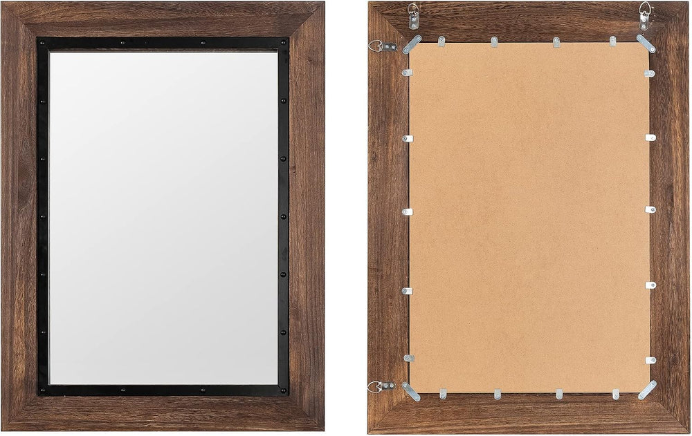 YOSHOOT Rustic Wooden Framed Wall Mirror, Natural Wood and Iron Bathroom Vani...