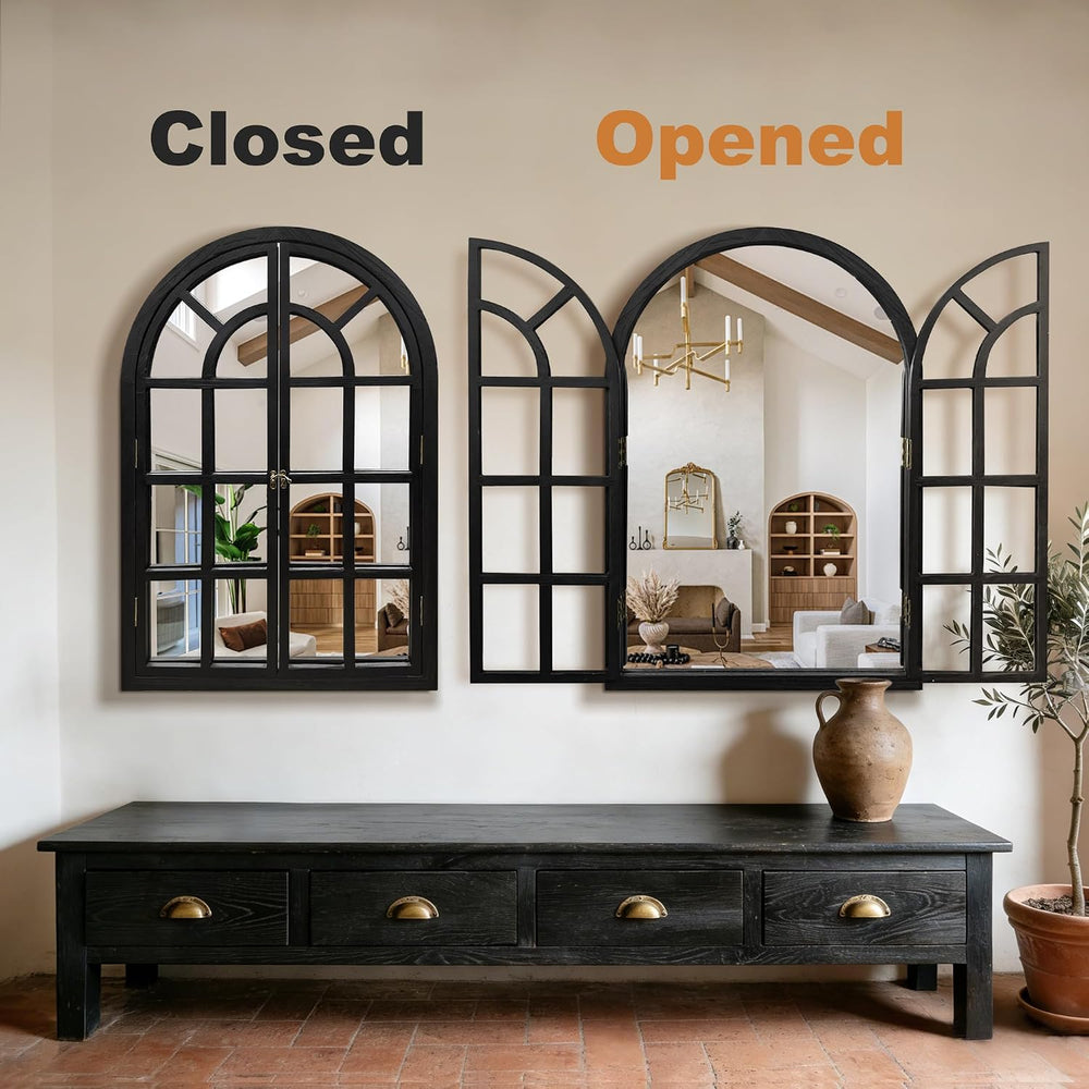 Arched Wall Mirror with Windowpane, 26"x38" Black Wood Mirror for Wall
