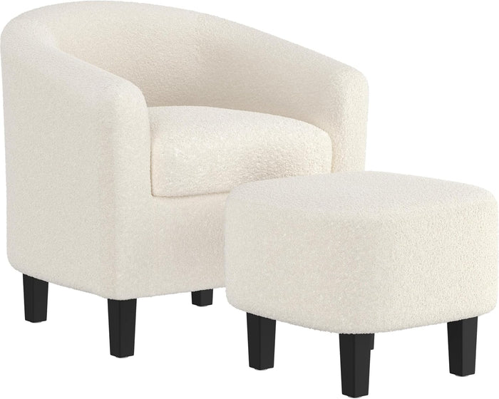 Yaheetech Accent Chairs with Ottoman, Boucle Fabric Barrel Chairs, Ivory