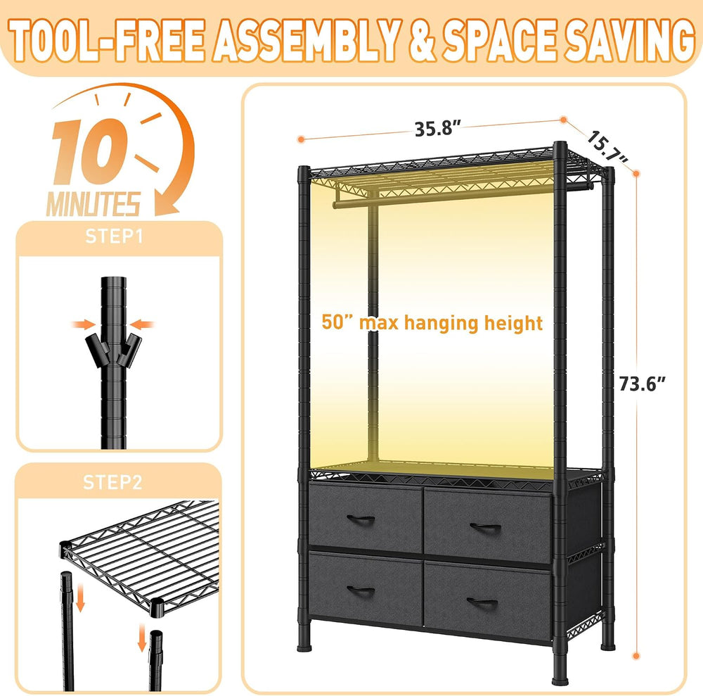 Raybee Clothes Rack, Heavy Duty Portable Closet with 4 Drawers 4 Shelves
