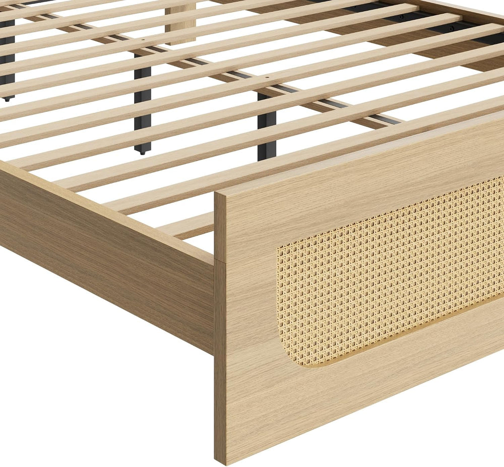 KISLOT Boho Rattan Bed Frame, Farmhouse Platform, Natural, Queen
