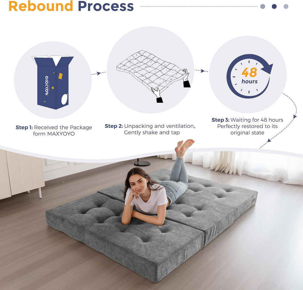 MAXYOYO 6" Folding Sofa Bed for Floor, Tufted Tri-Fold Floor Mattress