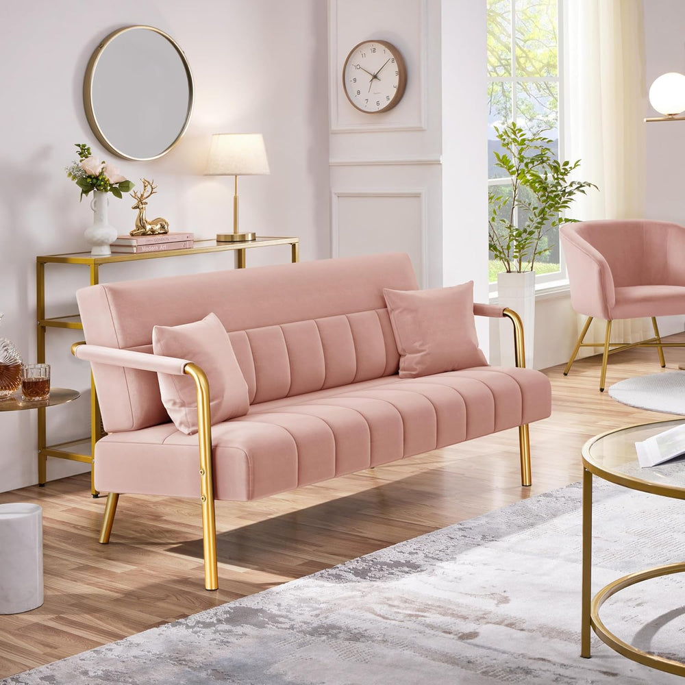Yaheetech 56.5" Small Sofa 2 Seater Couch with Gold-Tone Legs, Pink