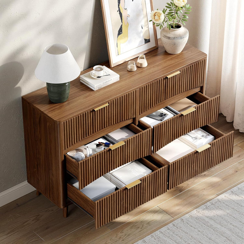 Evermagin 54" Curved Fluted 6-Drawer Dresser, Mid-Century Modern Walnut