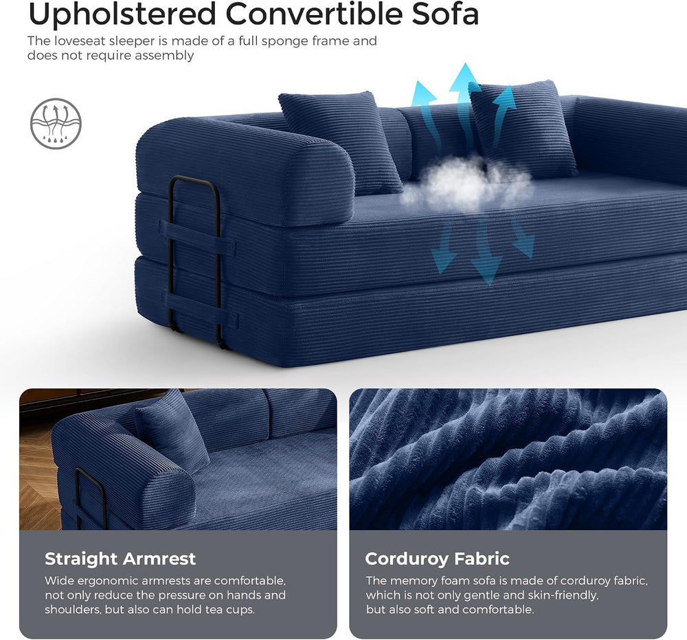 79" Convertible Futon Sofa Bed, Boneless Couch for Living Room | Blue