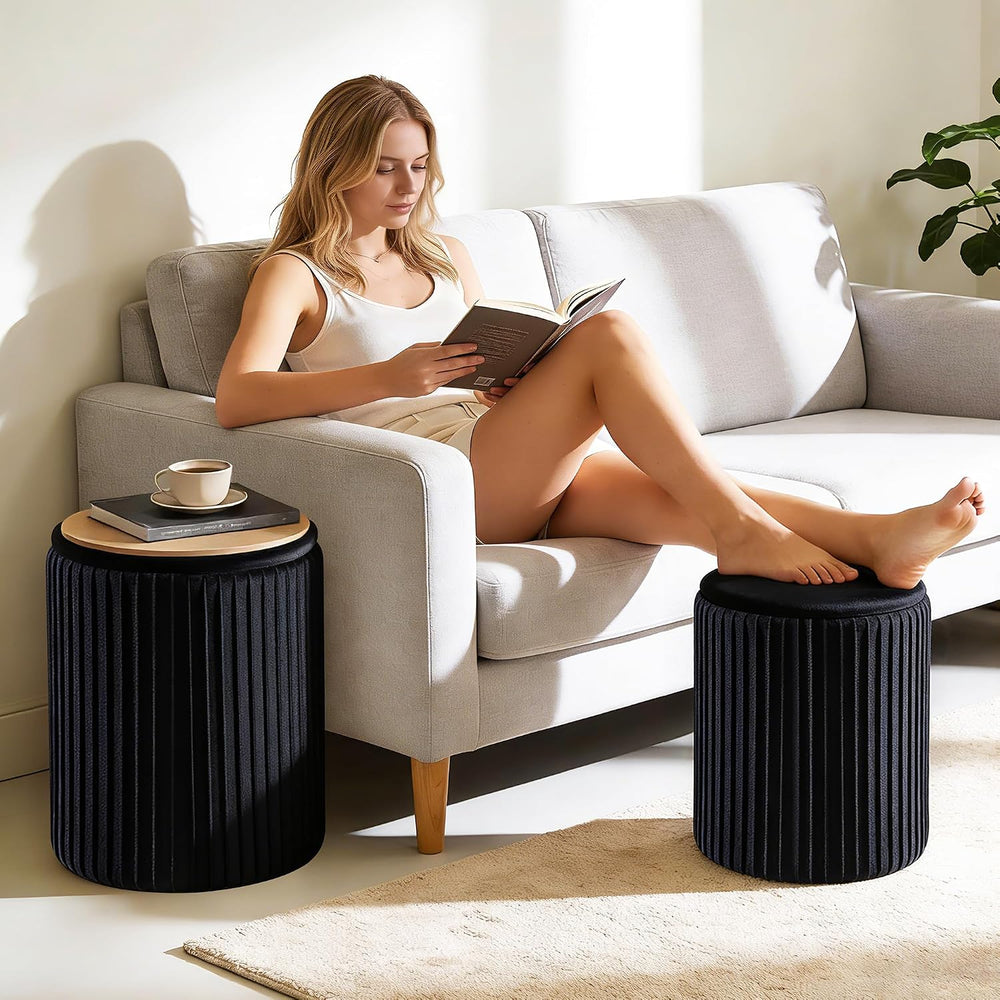 DUMOS Round Ottomans with Storage Set of 2, Vanity Stool, Foot Stool