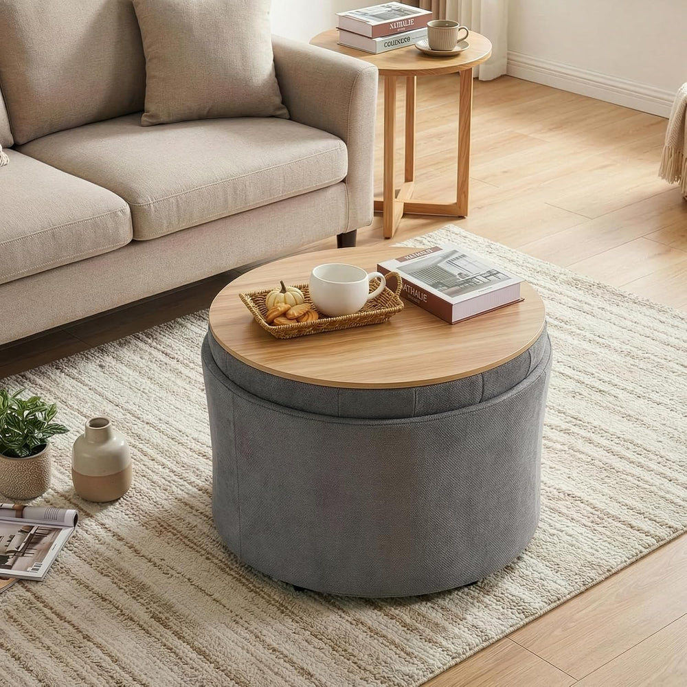 ONBRILL 24" Round Ottoman Coffee Table, Storage Ottoman with Lift-Off Li...