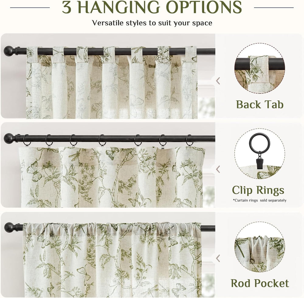 Lazzzy Green Floral Linen Curtains Farmhouse Rod Pocket 50W X 84L 2 Panels