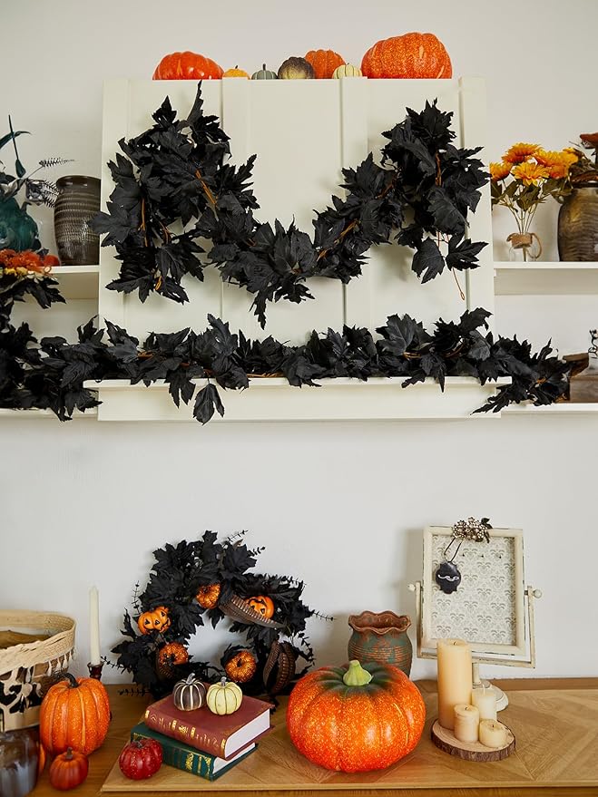 PARTY JOY Black Artificial Maple Leaf Garland - 6PCS 5.6Ft Halloween Decor, G...