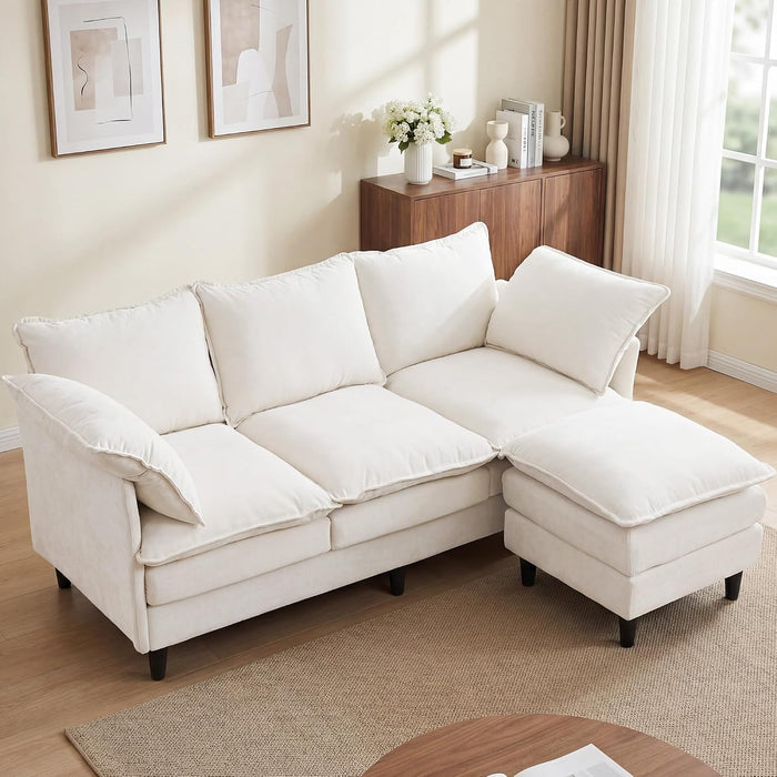 69" Couch Sofa L-Shape 3 Seat with Ottoman, Small Cloud Sofa Double-Layer Cushion 23" Deep Seat Washable Chenille Pillows Couches for Living Room Apartment Office 69-Beige-L
