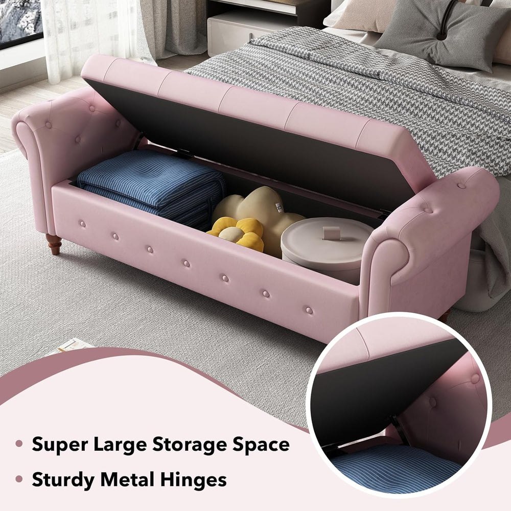 63" Wide Storage Bench, Velvet Upholstered End of Bed Bench with Pull Ri...