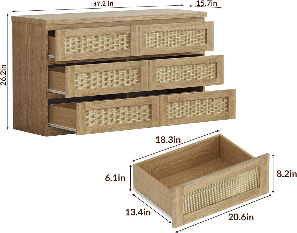 Garvee Rattan 6-Drawer Dresser for Bedroom - Slim Wooden Chest of Drawers, Du...