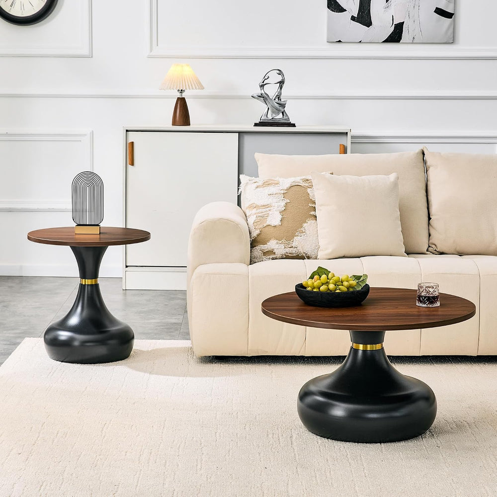 2-Piece Nesting Coffee Table Set, Walnut Wood Grain, Gold Metal Base | Nestin...