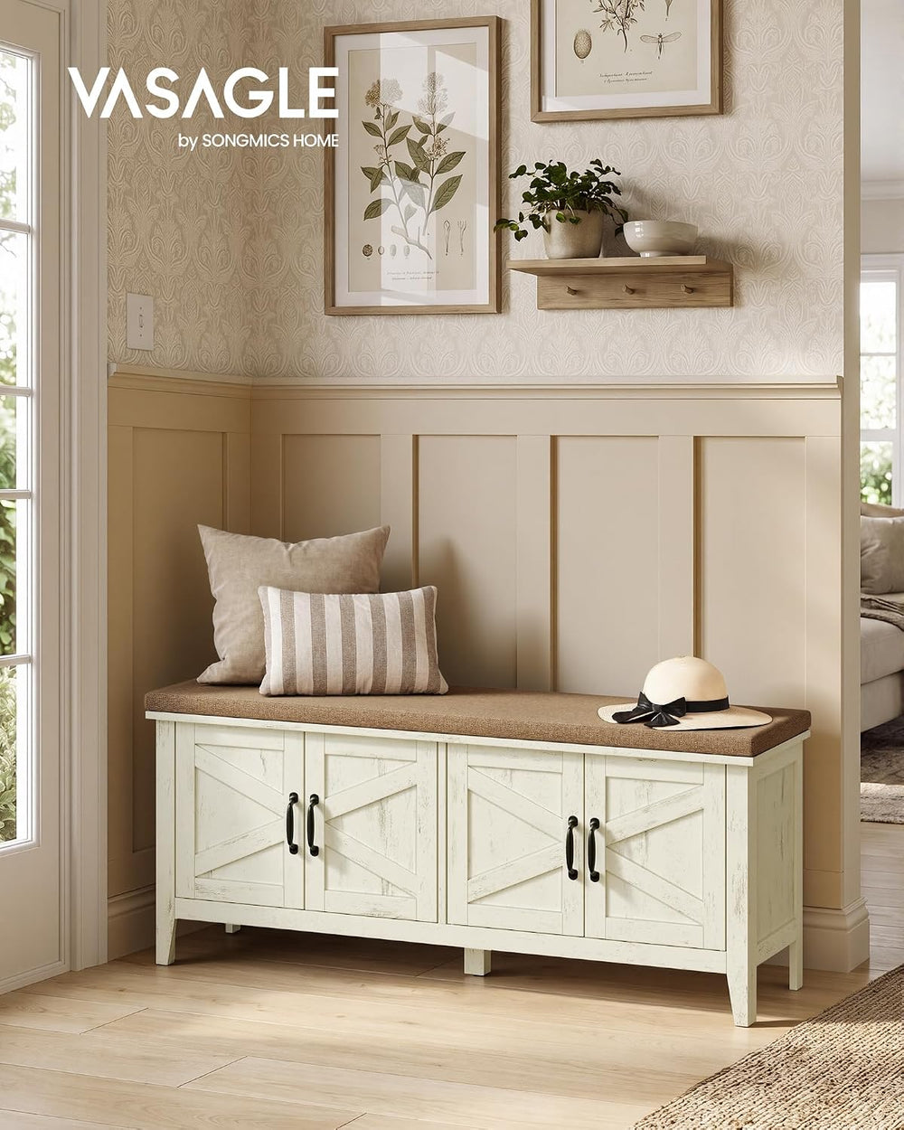 VASAGLE Shoe Bench, Farmhouse Entryway Bench with Cushion, 47.2 inches Wide