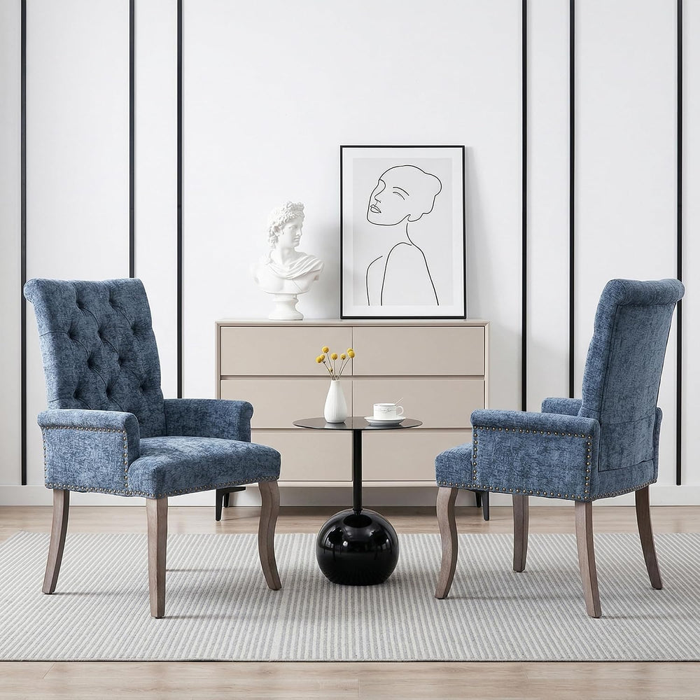 Farmhouse Upholstered Dining Chair Set of 2 with Arms & Nailhead Trim, Tu...
