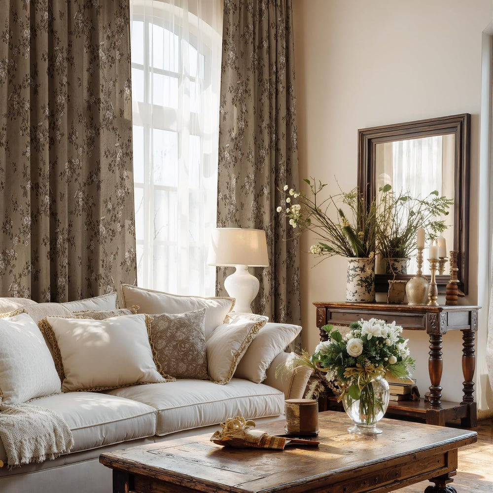 StangH Brown Linen Curtains Floral Print, W52 x L84, 2 Panels
