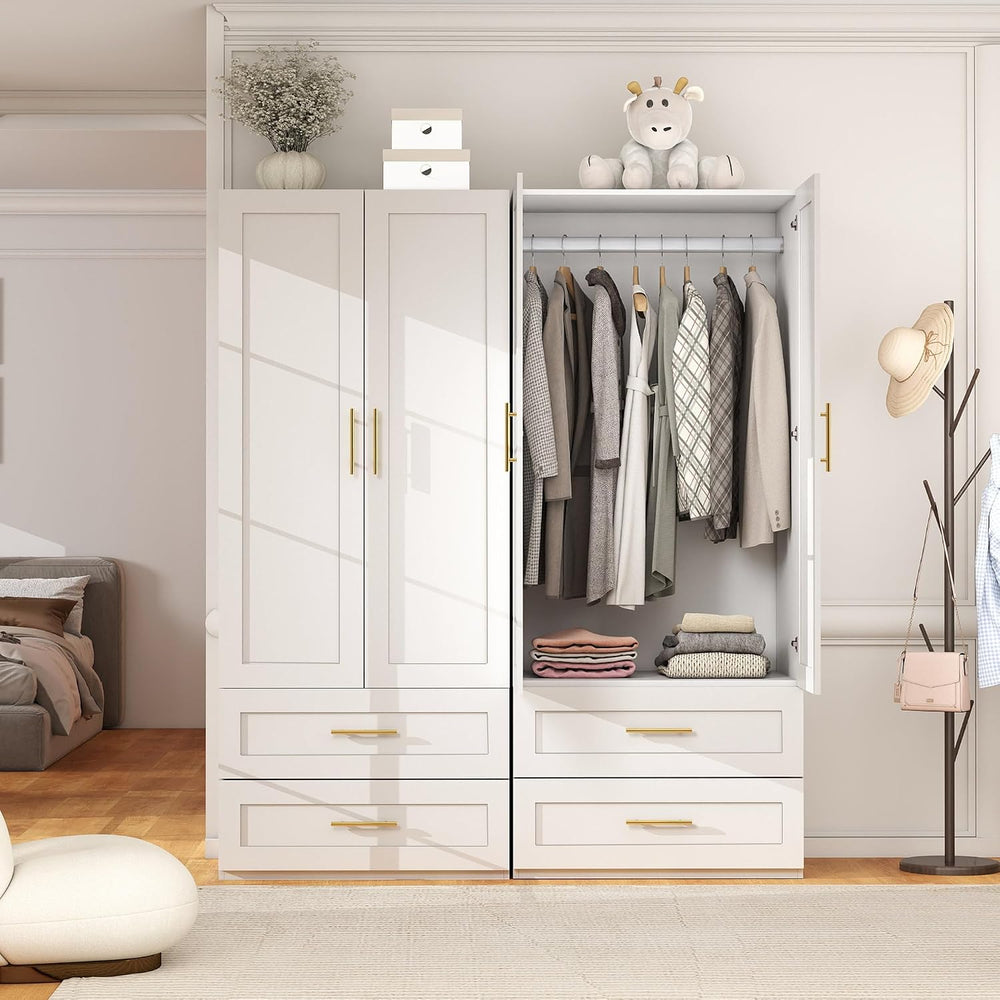 White Wardrobe with 4 Doors and 4 Drawers,75" Tall x 63" Wide
