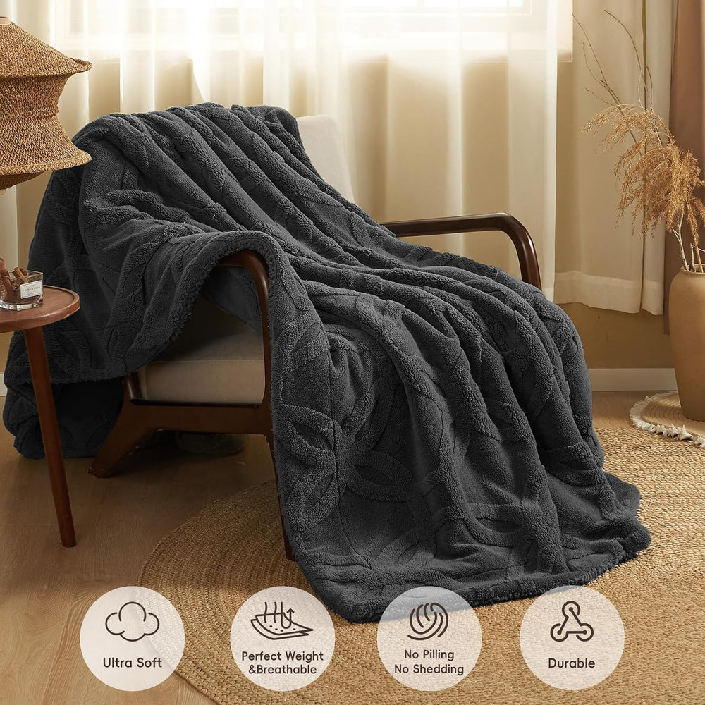 PHF Soft Sherpa Fleece Blanket Queen, Tufted Jacquard, 01-Dark Grey