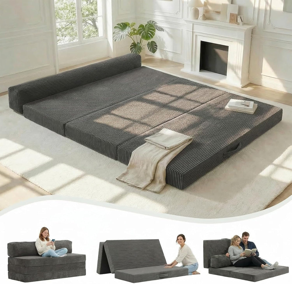 6 inch Tri-Folding Mattress Queen Futon Sofa Bed, Convertible Foldable Mattre...