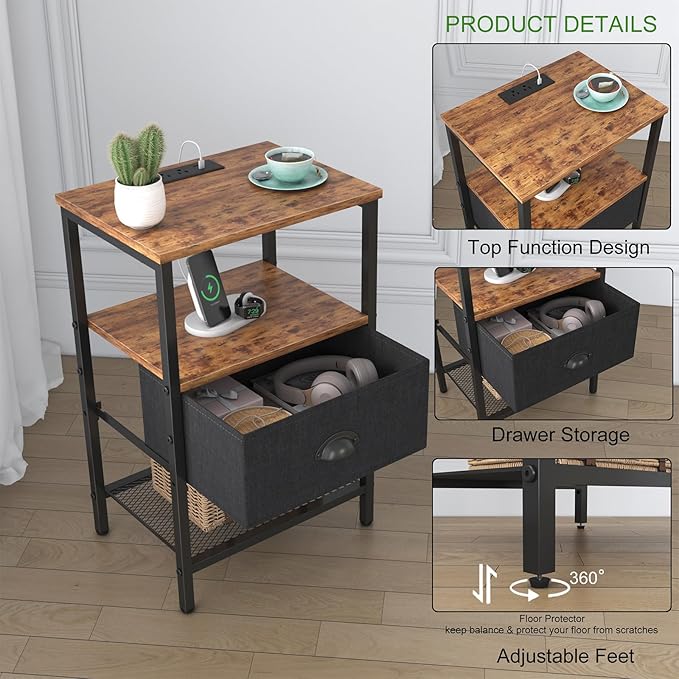Sthmec Nightstands Set of 2, LED Bedside Tables with Charging Station and Fab...