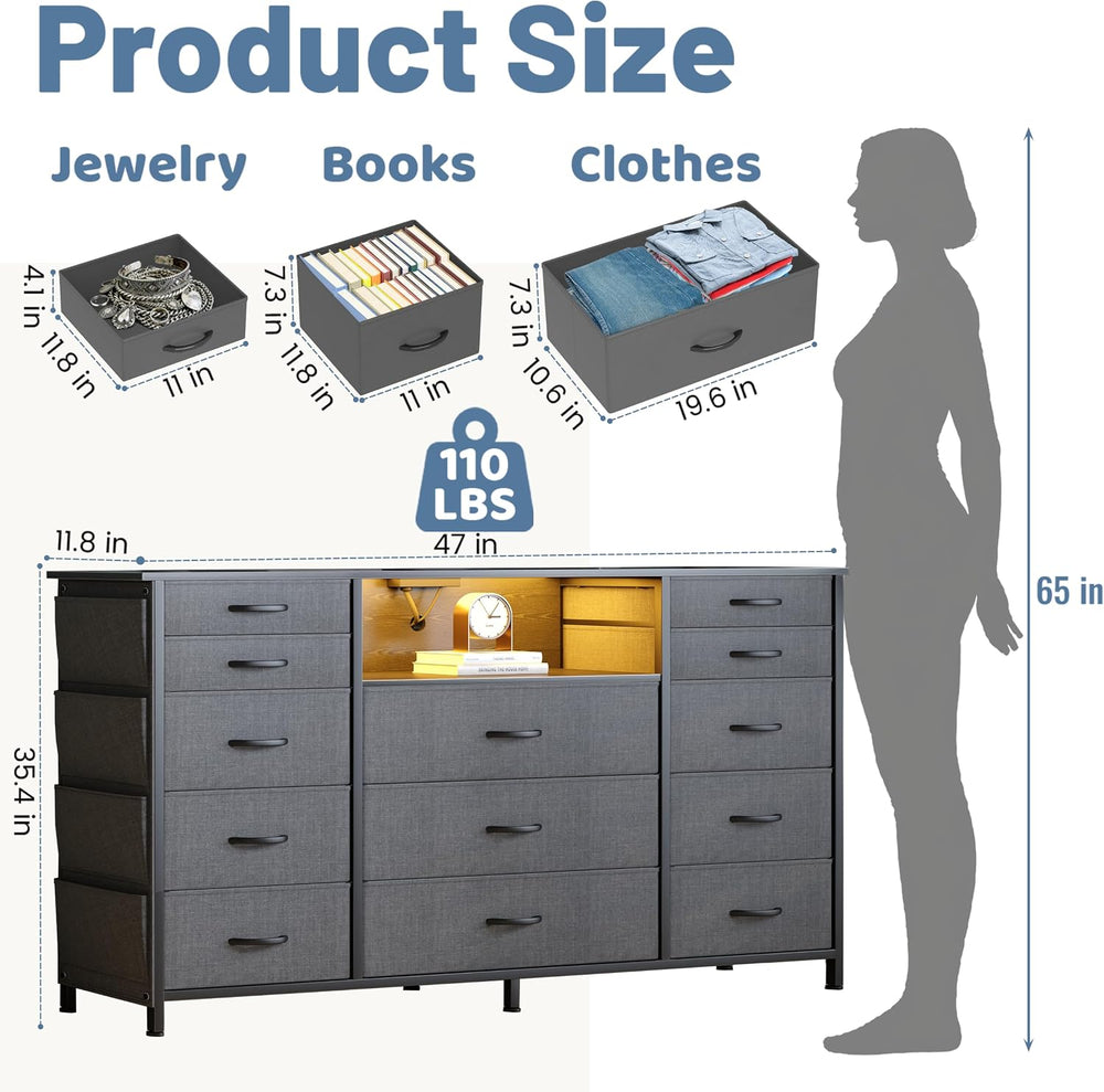 HCHQHS 13 Drawers Fabric Dresser for Bedroom, 47 Inch Gray