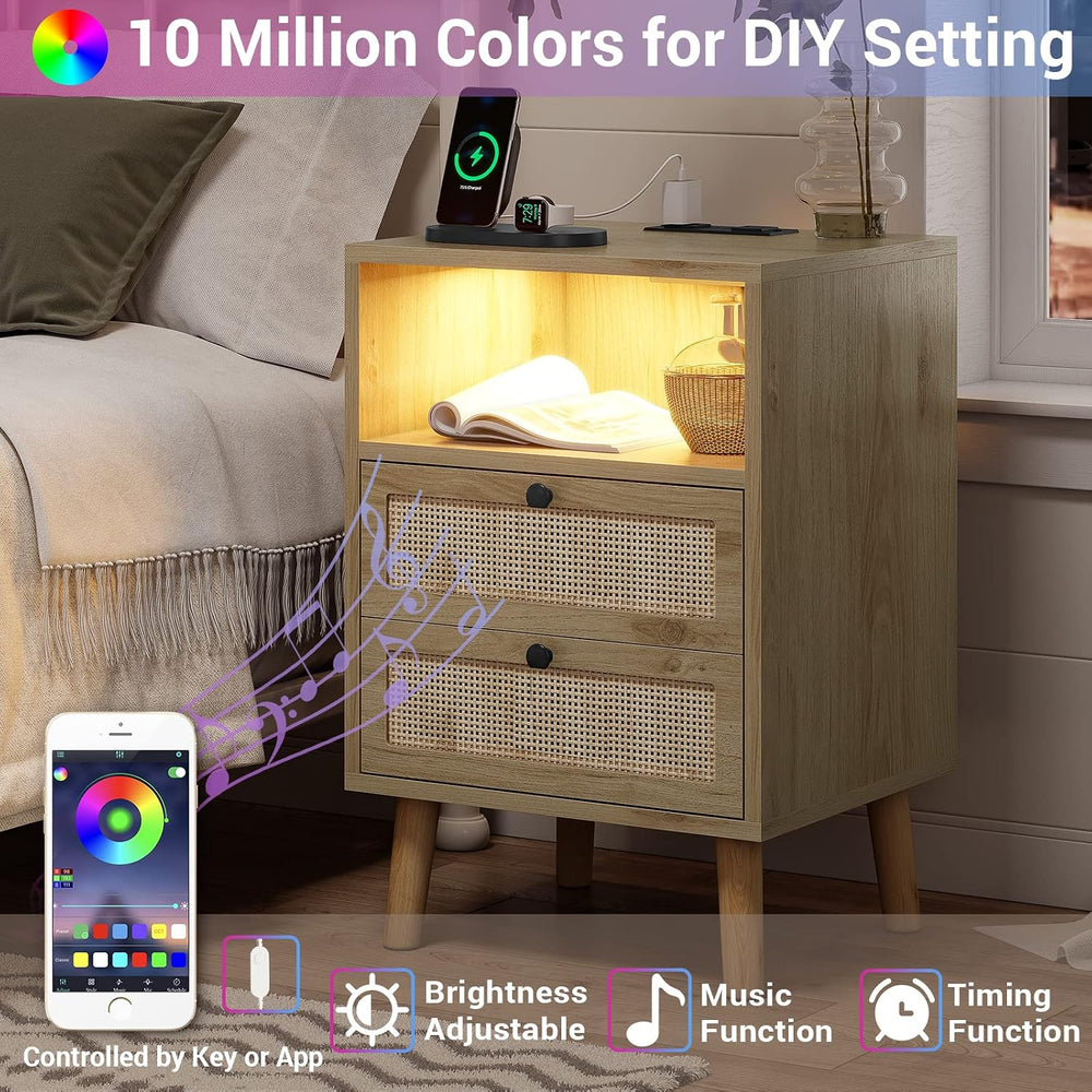 AOGLLATI Rattan Nightstands Set of 2 with Charging Station and LED, Boho Nigh...