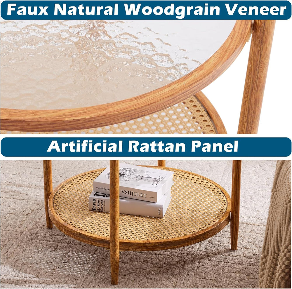 VINGLI 25.6" Round Glass Coffee Table, Rattan Coffee Table, Natural Vibe