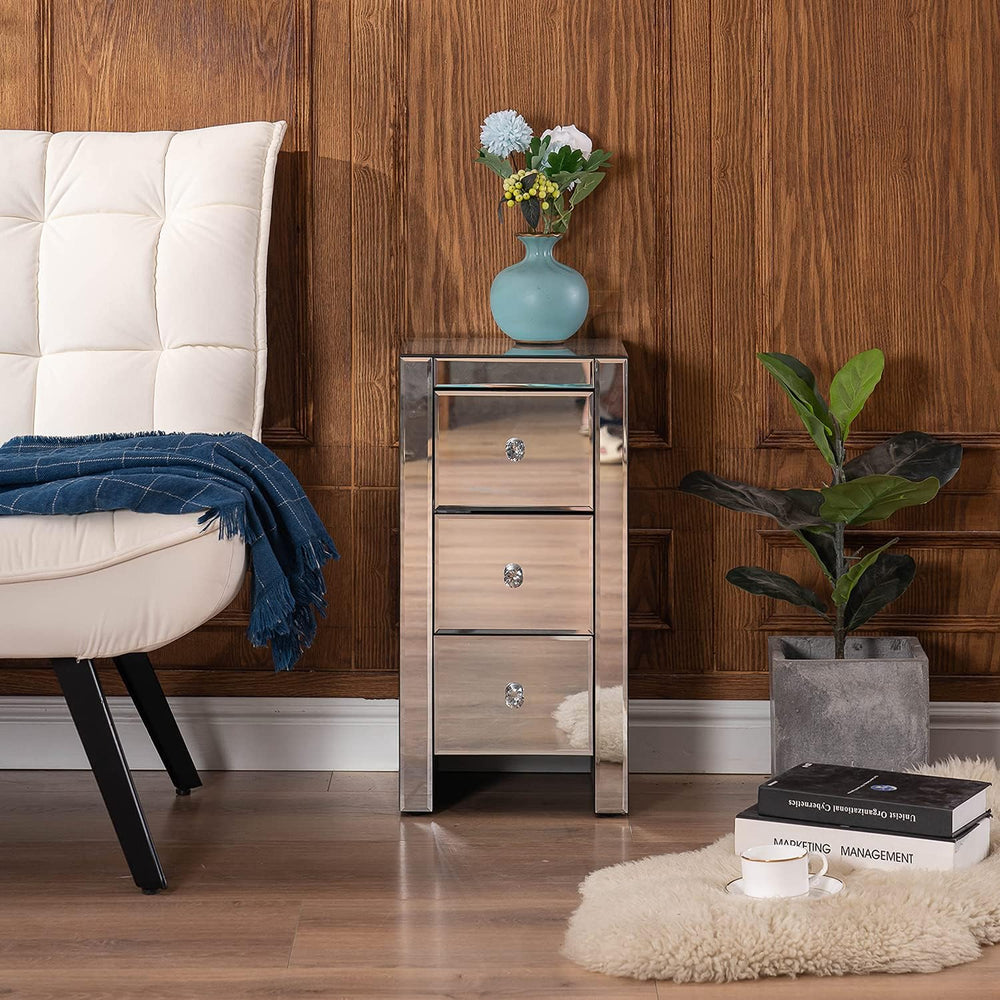 MELLCOM Mirrored Nightstand with 3 Drawers, Mirrored Beside Table for Bedroom...