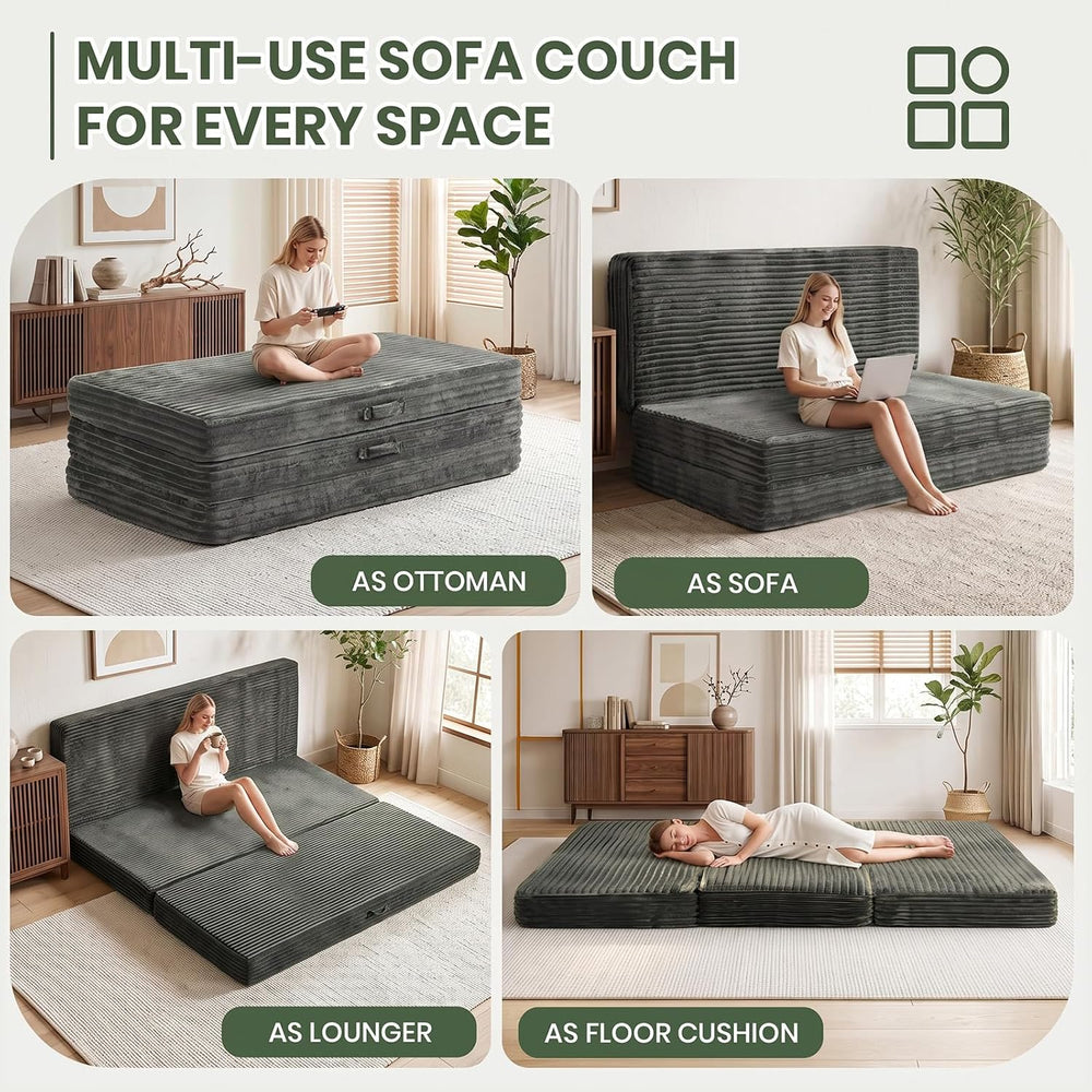 6" Tri-Fold Folding Mattress Queen Size, Thick Corduroy Fabric Foldable ...