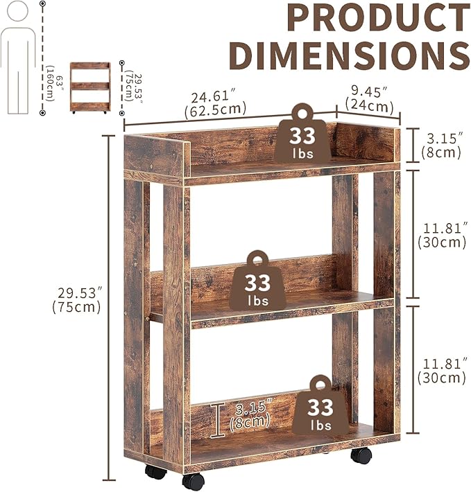 ALISENED 3 Tier Nightstand with Wheels, Wood Small Bookshelf and Bookcase, Fa...