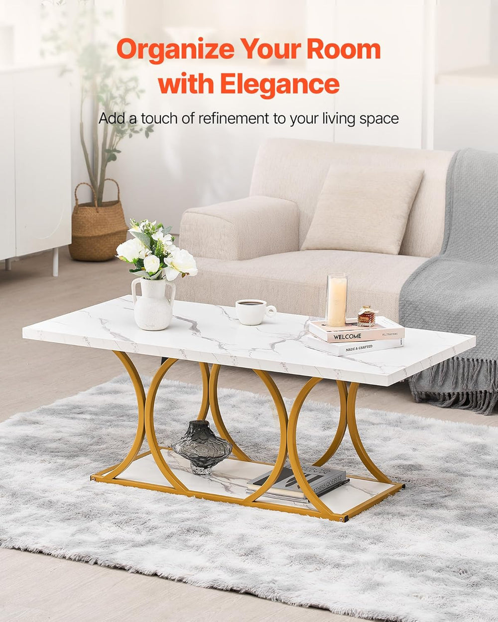 VEVOR Coffee Table, Modern Faux Marble Coffee Table, Large 2-Tier Rectangle C...
