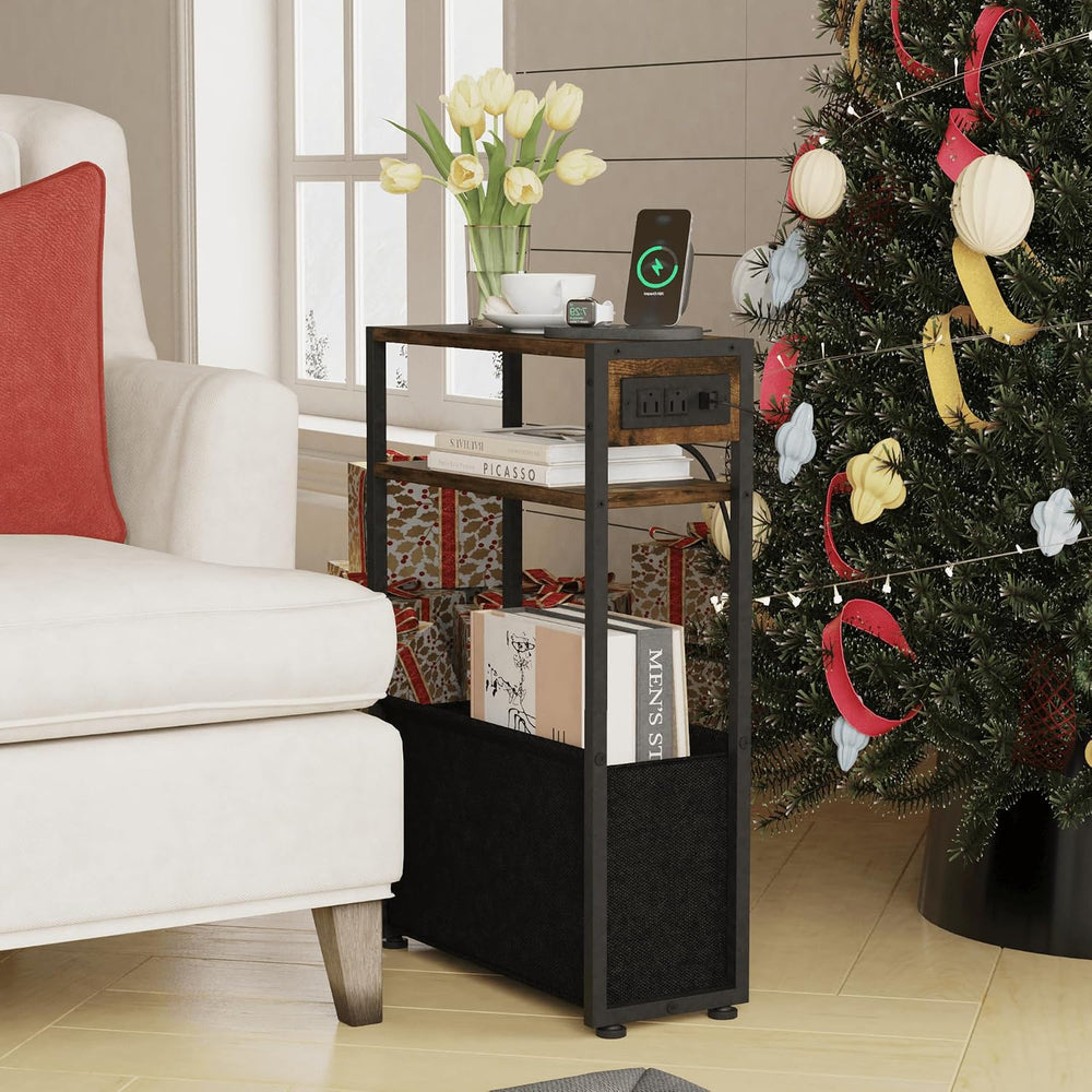 Leomonio Narrow Side Table, Slim End Tables with Fabric Basket, Skinny Table ...