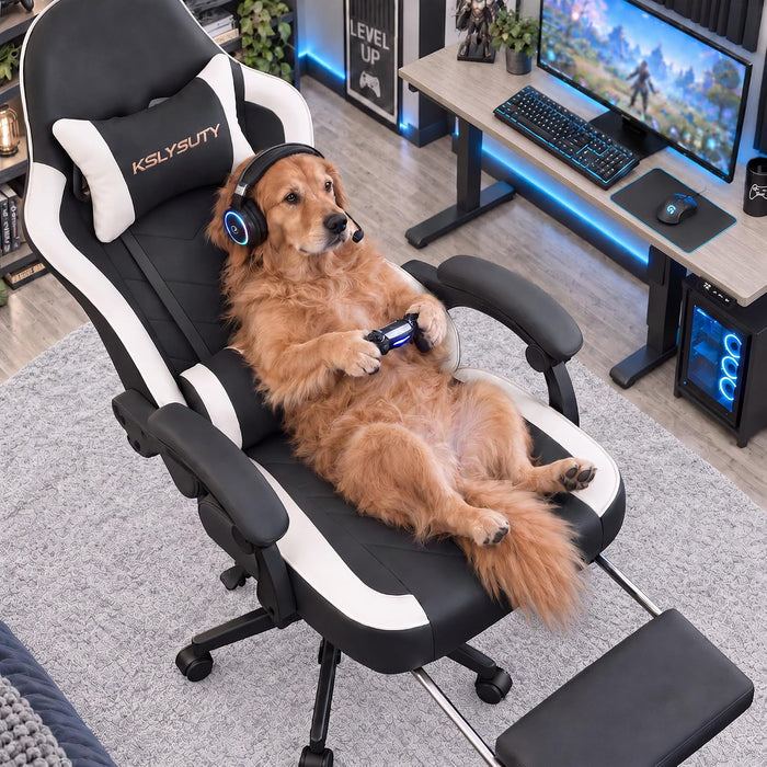 Desk Computer Gaming Chair - High Back Ergonomic Office Chair with Footrest and Lumbar Support, Swivel Comfy Home Gamer Video Game Chairs with Pocket Spring Cushion for Adults (White)
