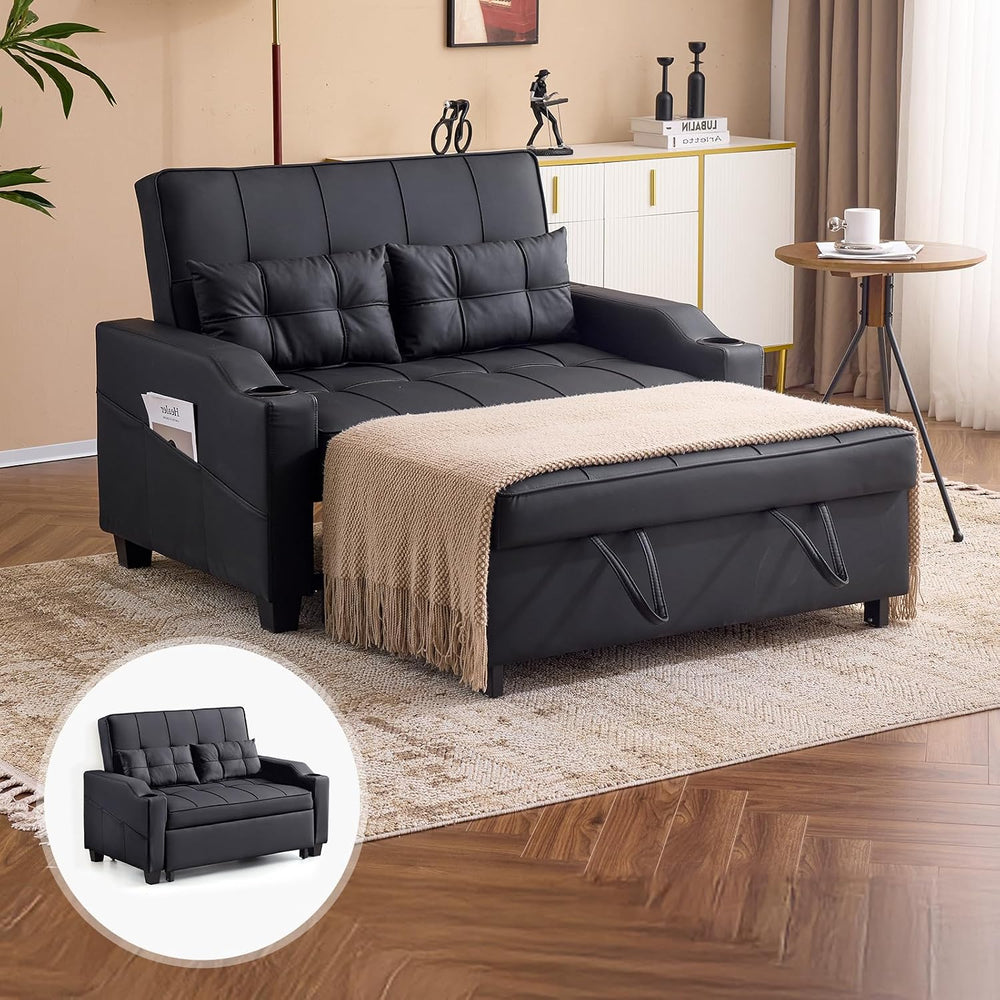 VINGLI Black Futon Sofa Bed Convertible Loveseat Sleeper Couch, Faux Leather ...