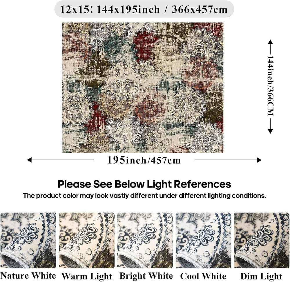 Living Room Area Rug 12x15:Abstract Large Washable Thin Non-Slip Easy Clean
