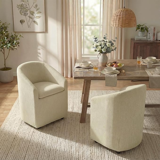Upholstered Dining Chairs with Casters, Washable Cover Modern Dining Room Cha...