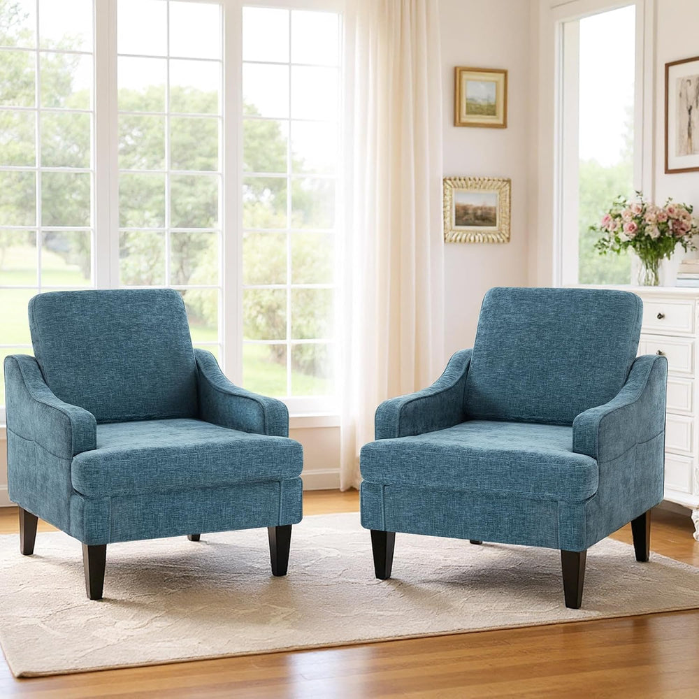 Set of 2 Accent Chair for Living Room,Mid-Century Arm Chair Chenille Fabric L...