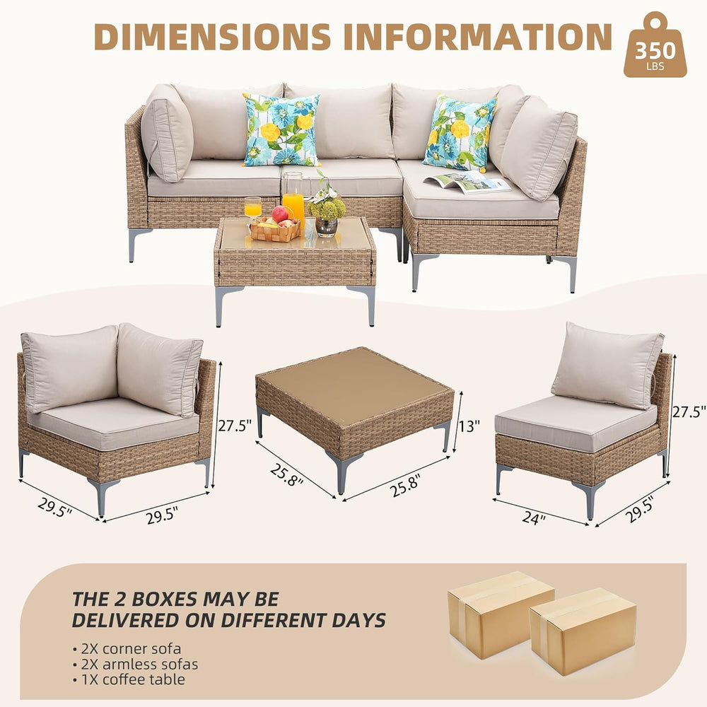 5-Piece Patio Furniture Set, Outdoor Wicker Sectional Sofa with Coffee Table,...