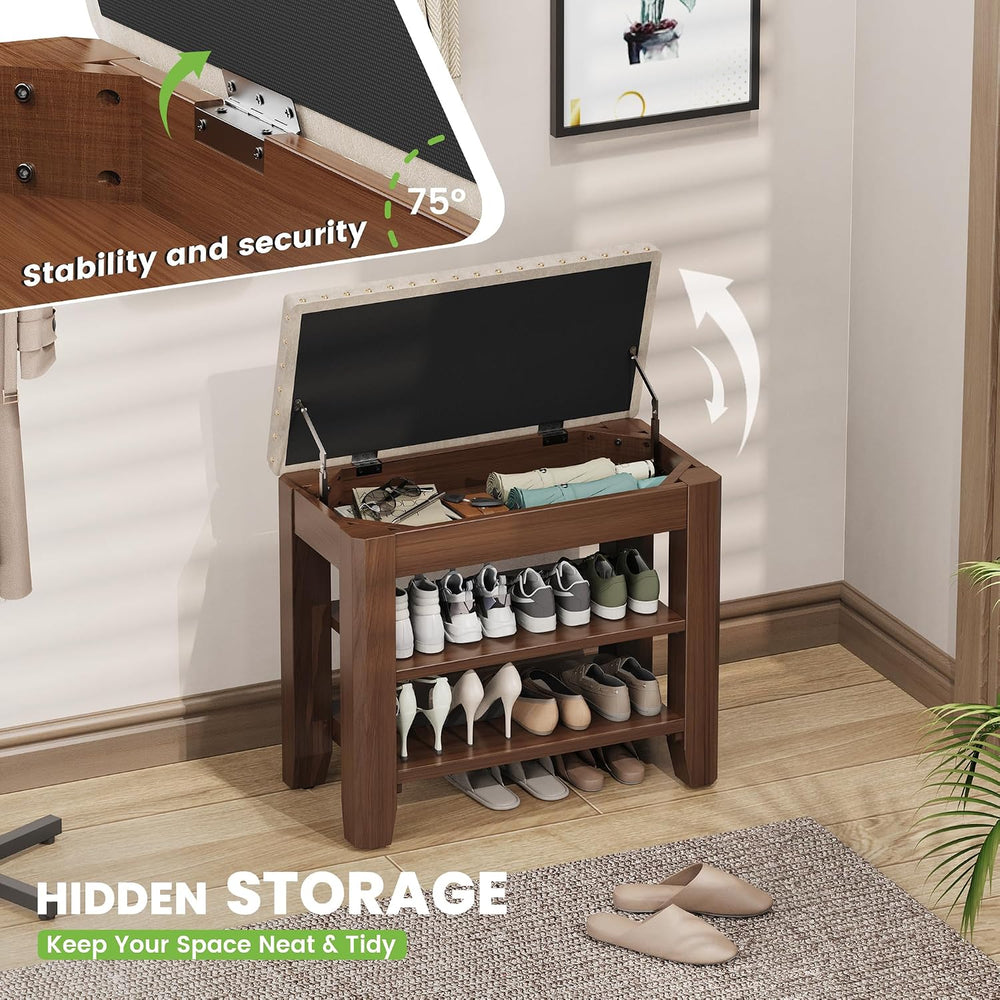 Shoe Bench for Entryway, Solid Rubberwood Shoe Bench with Hidden Storage, Adj...