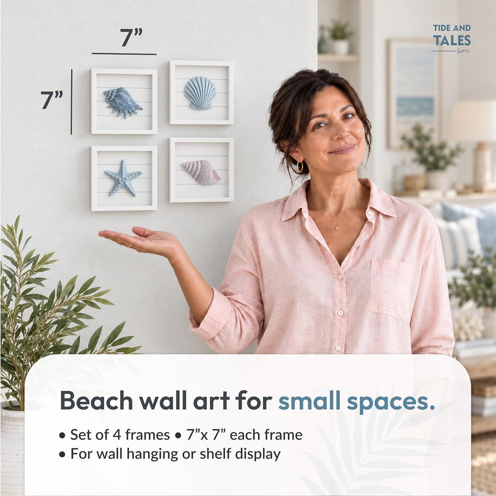 Tide and Tales 3D Coastal Wall Art, Beach Wall Decor, Framed Set of 4
