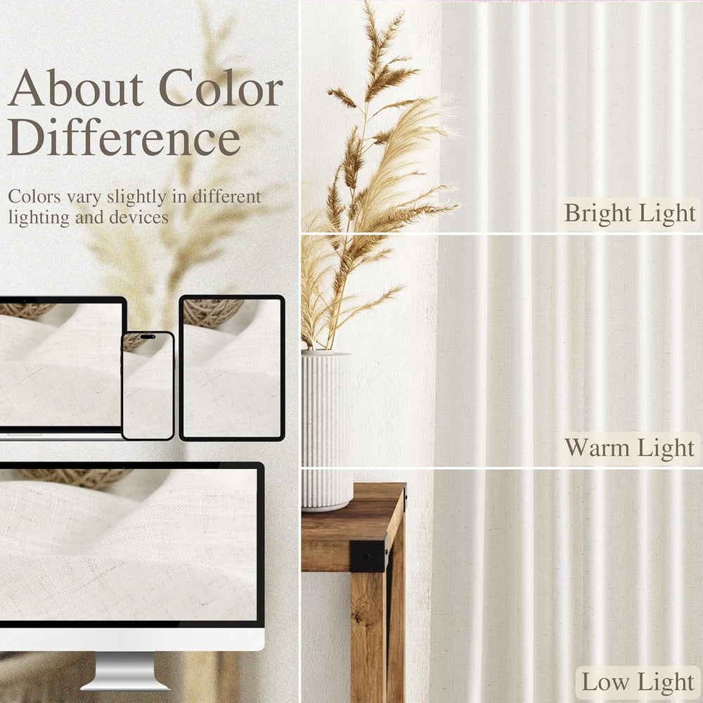 Nanspring Beige White Linen Curtains 84 Inch Length 2 Panels Set for Living R...