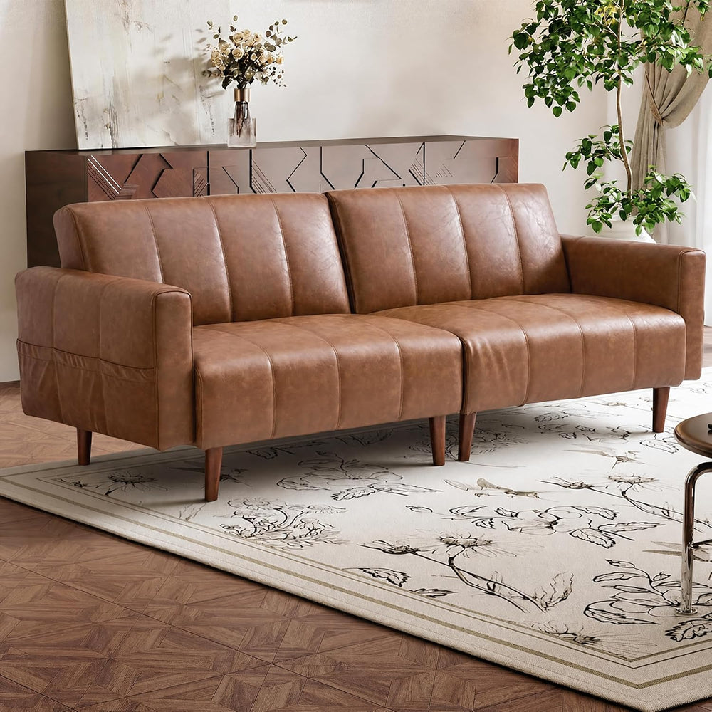 83" Faux Leather Futon Couch,Mid Century Modern Leather Sofa(Brown)