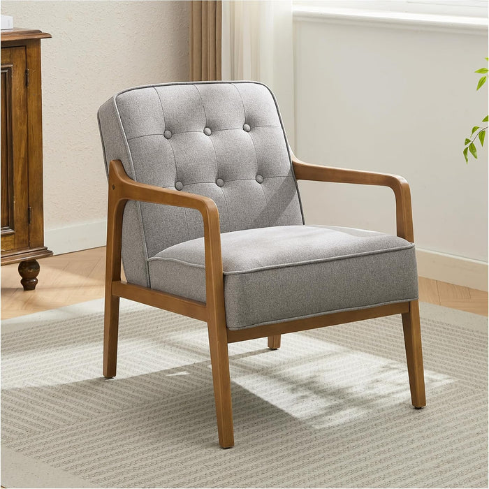 SOFTHION Linen Mid Century Modern Chair with Solid Wood Frame, Grey