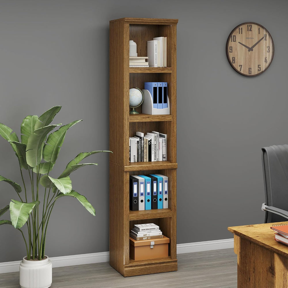 70" Tall Vintage Oak Bookcase, 5 Tiers Narrow Bookshelf for Living Room