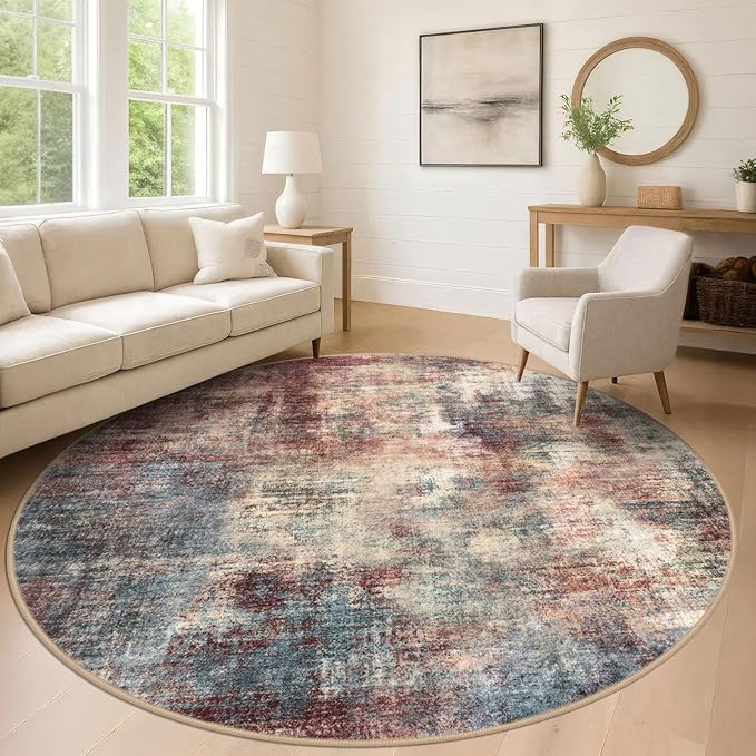 IOHOUZE Abstract Round Area Rug 8 Ft Washable Circle Rugs Large Round Rug Non
